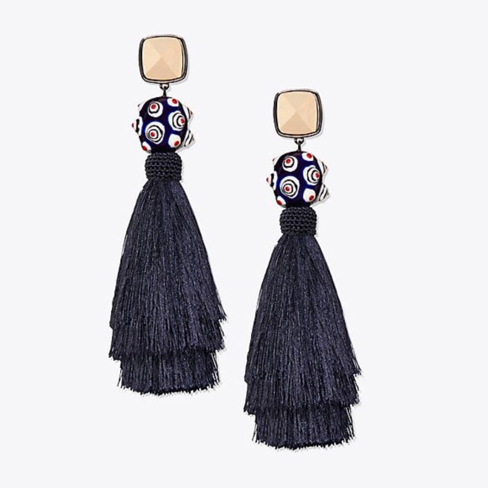 NWT  Tory Burch Navy Silk Tassel Clip-On Earrings